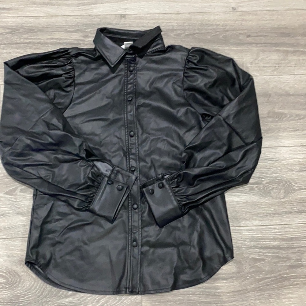 Faux leather button up collared dress shirt